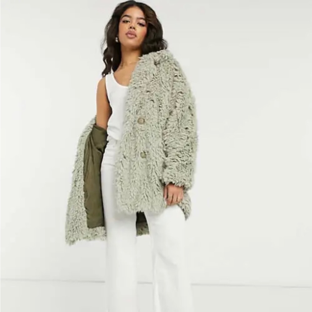 Free people slouchy shaggy fur coat in sage green